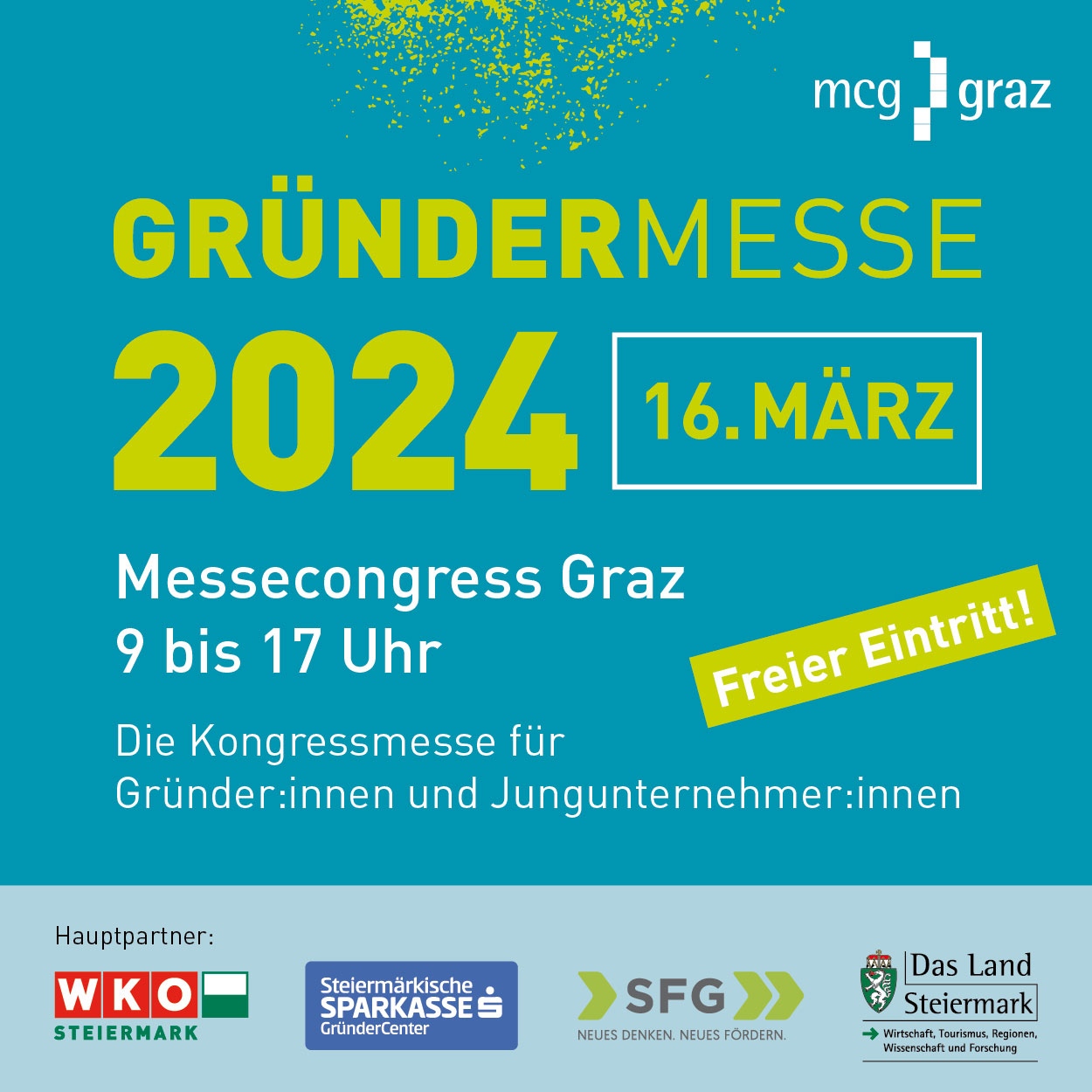 Schriftzug Gründermesse Graz mit Veranstaltungsdetails
