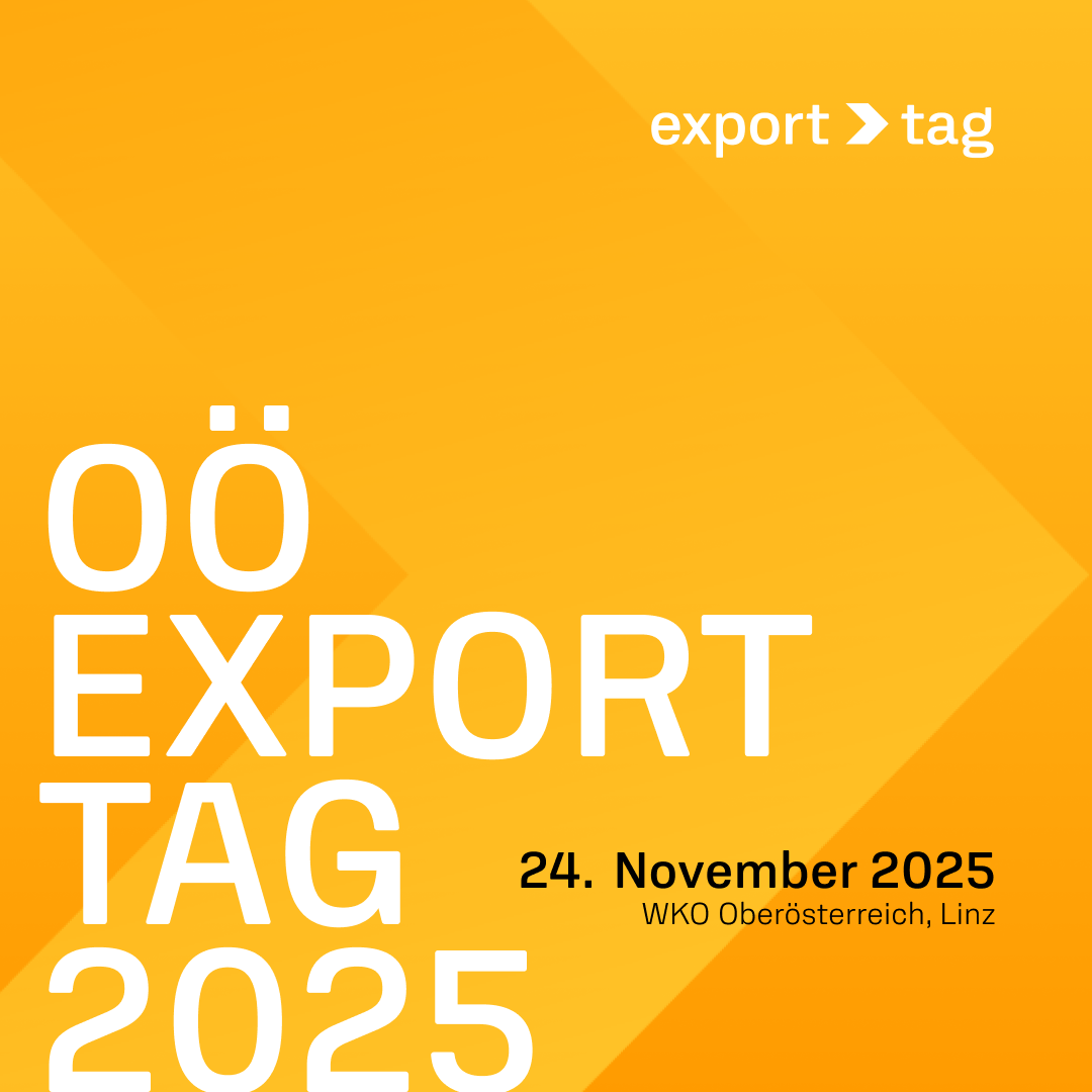 Orangefarbener Hintergrund mit weißem Schriftzug darauf. Der Schriftzug lautet: OÖ Exporttag 2025, 24.11.2025 