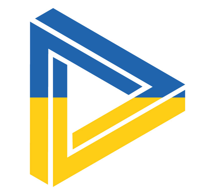 Das Logo des Österreichischen Patentamtes (=Dreieck, ähnlich Penrose Dreieck) in den farben der ukrainischen flagge -blau und gelb.