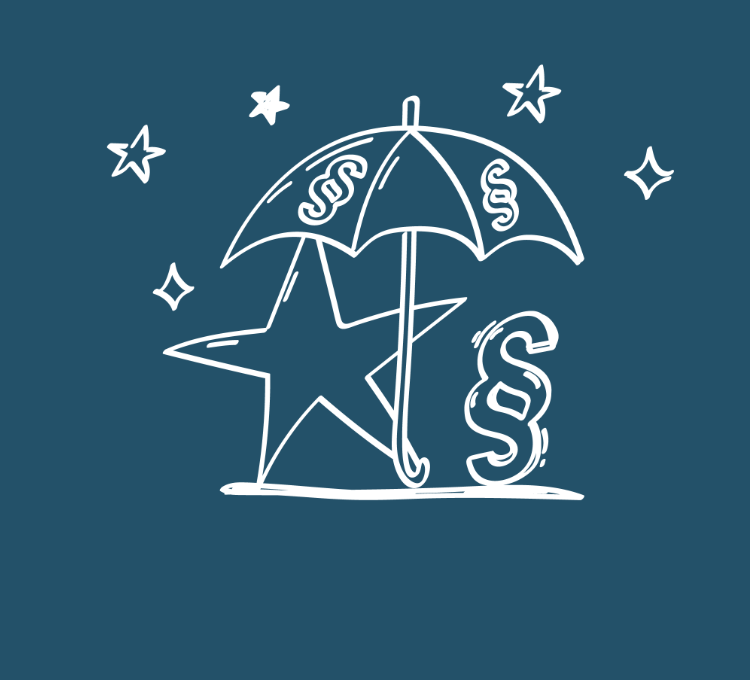 Handgezeichneter Regenschirm, darunter ein Stern und ein Paragrafen Zeichen auf blauem Hintergrund.