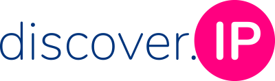 Logo discover.IP: discover, als blaue schrift, daneben ip in großbuchstaben in einem pinken Kreis