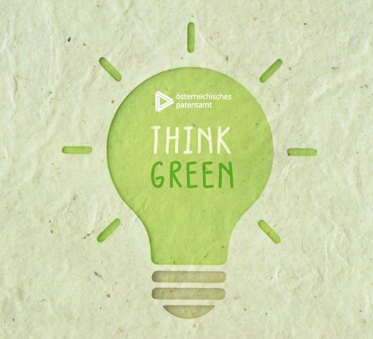 Grüner Leuchtbirnen-Icon mit "THINK GREEN" Text und Logo des Österreichischen Patentamtes.