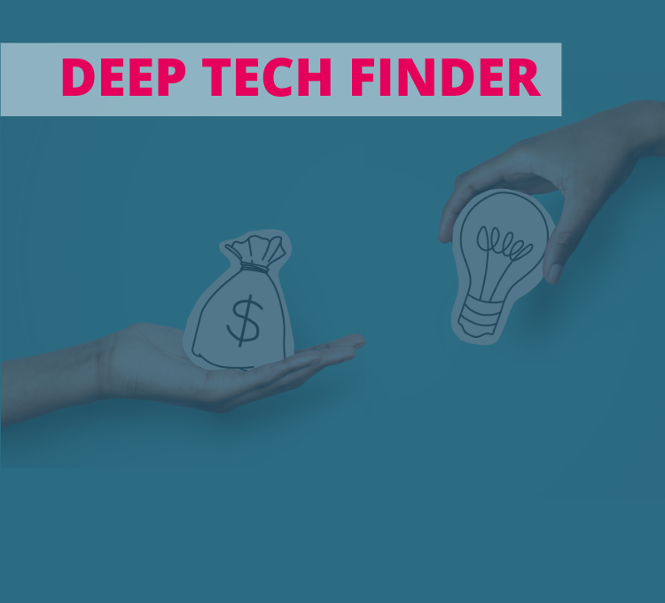 Eine Hand hält ein Geldbeutel-Symbol aus Papier, eine andere Hand hält ein Glühbirnen-Symbol auch aus Papier auf blauem Hintergrund. Darüber steht der Text „Deep Tech Finder“.