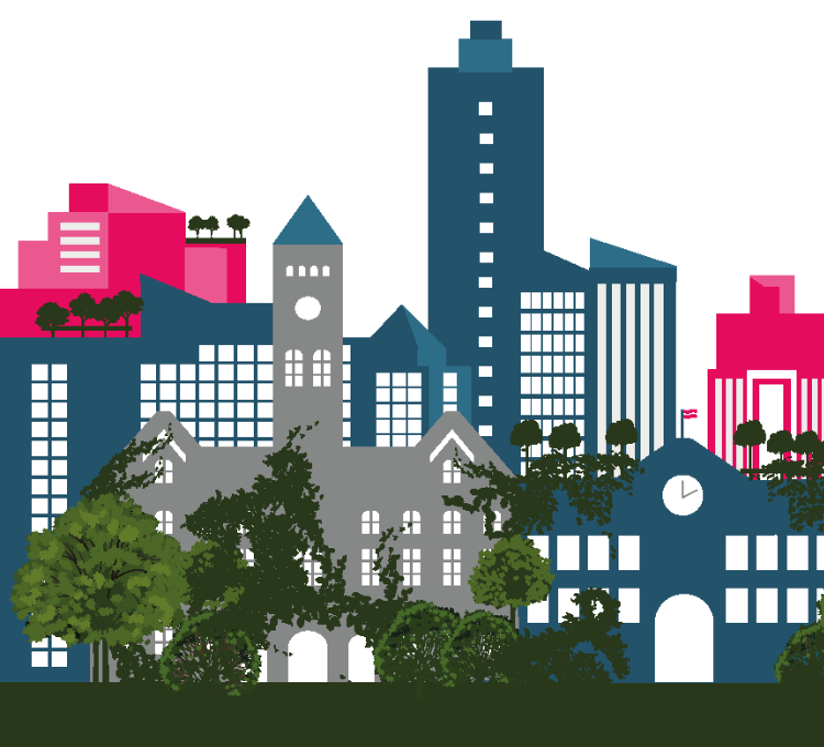 Cover der Publikationsreihe Wissen schafft Perspektiven. Darauf zu sehen eine Skyline mit blauen und pinken Häusern und Wolkenkratzern und einige grüne Bäume dazwischen. 
