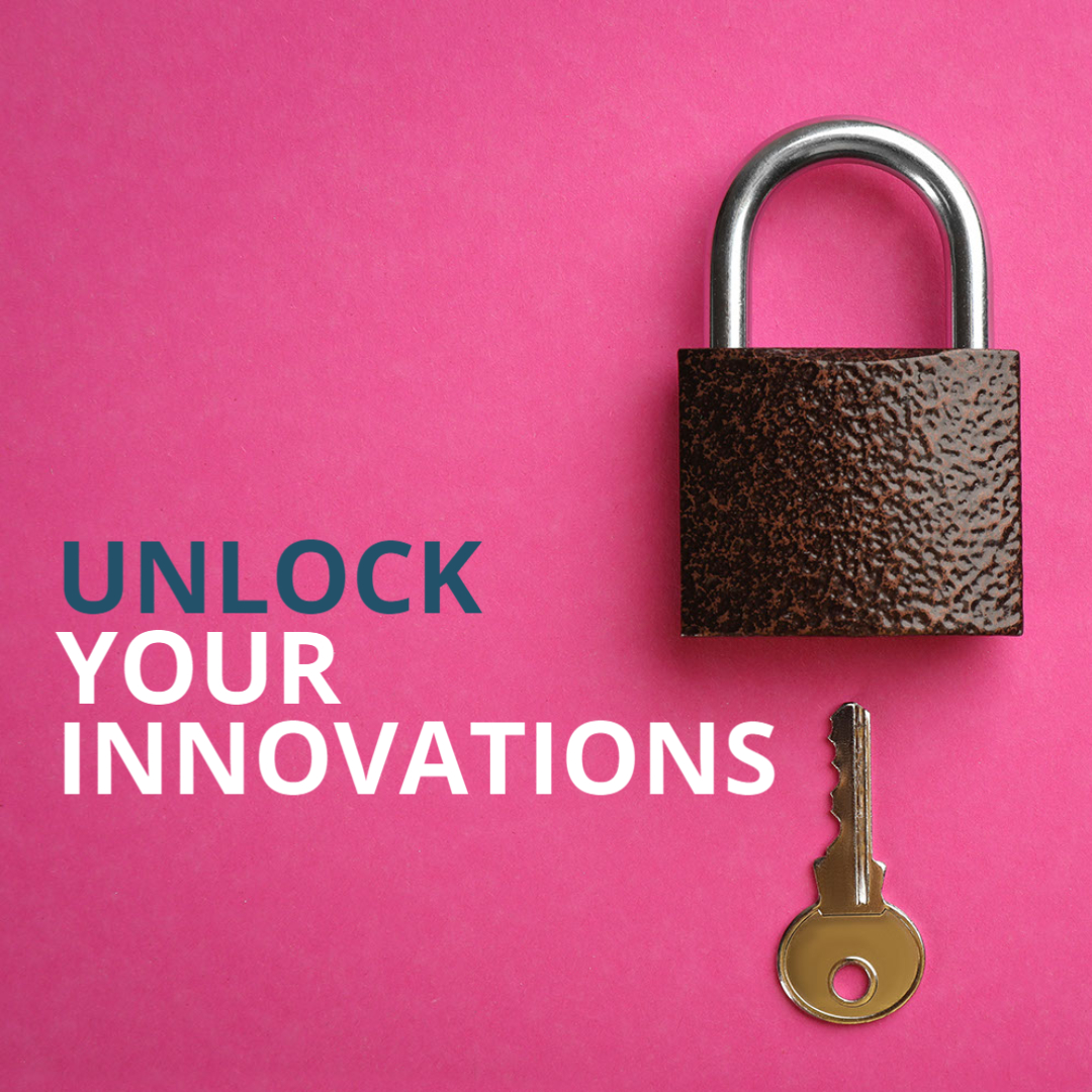 Vorhängeschloss und Schlüssel mit Text: Unlock your Innovations
